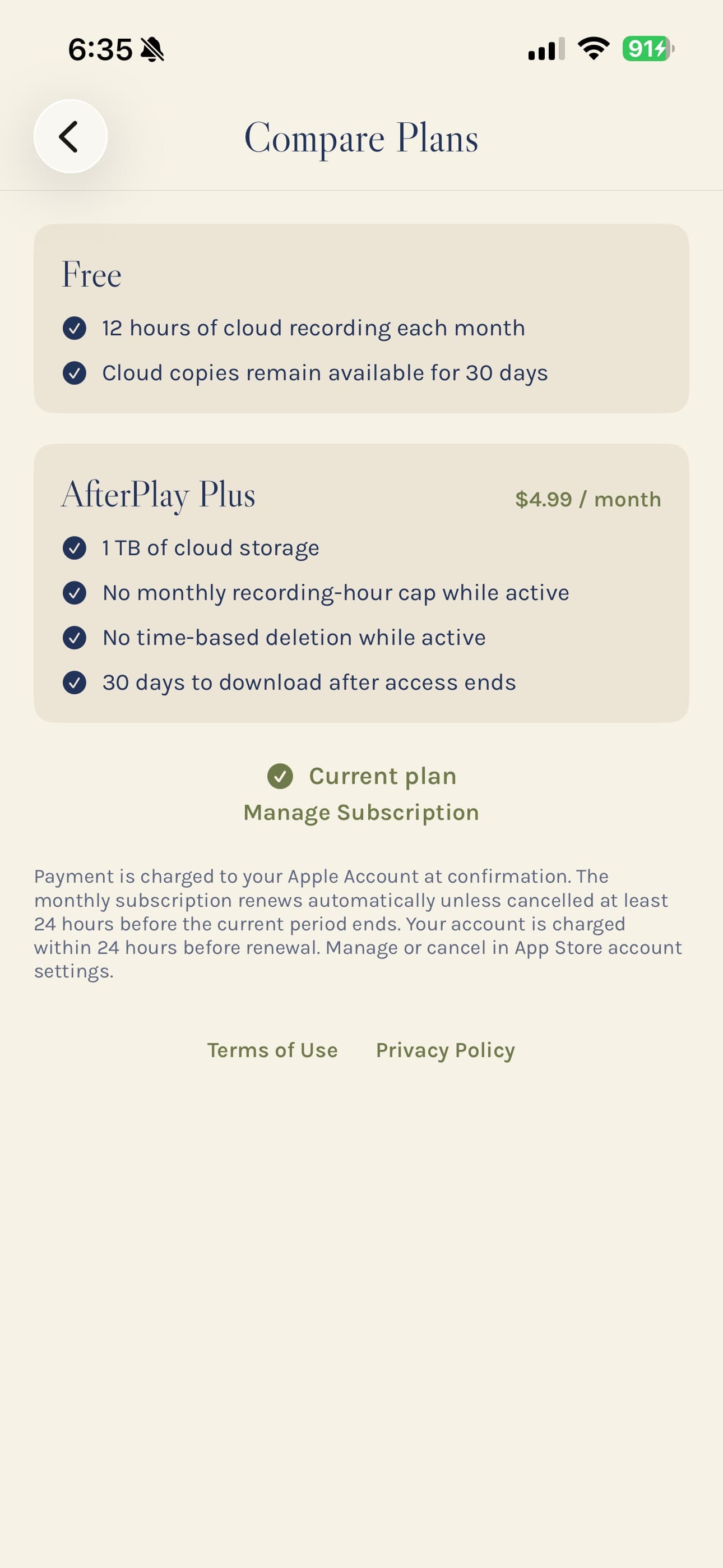 AfterPlay free and Plus plan comparison from the current App Store screenshot set