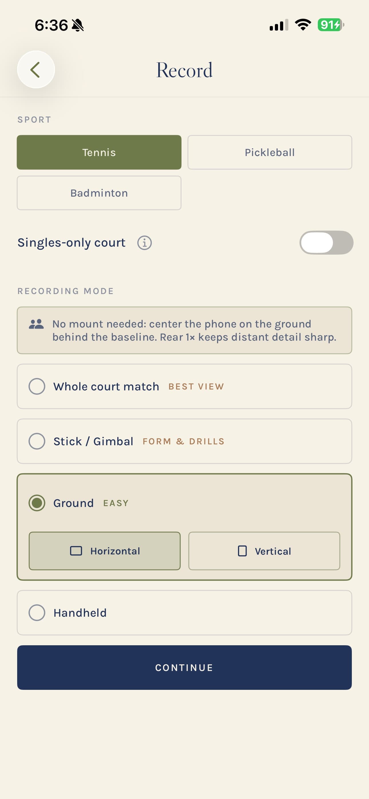 AfterPlay recording setup with sport, court, camera position, and orientation choices