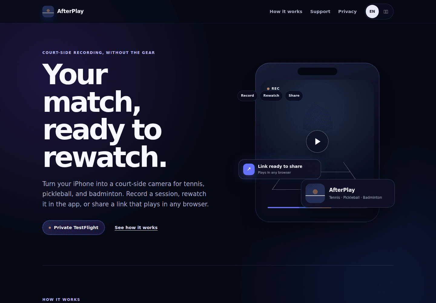 AfterPlay product website with current branding and recording, rewatching and sharing overview