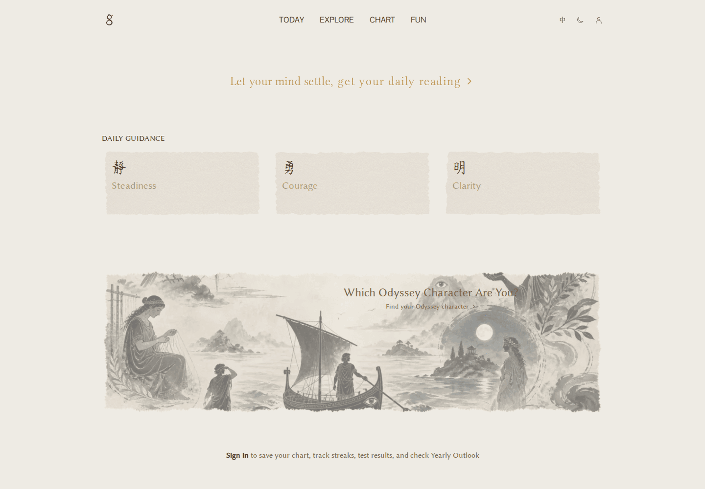 D8ly Compass homepage with daily guidance and an Odyssey character reading