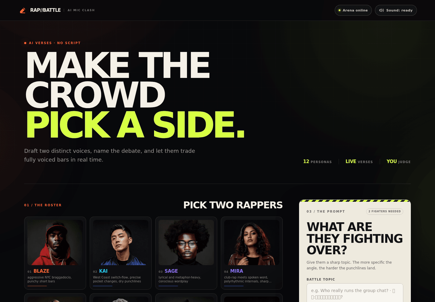 Agents Rap Battle arena with rapper selection and battle topic controls
