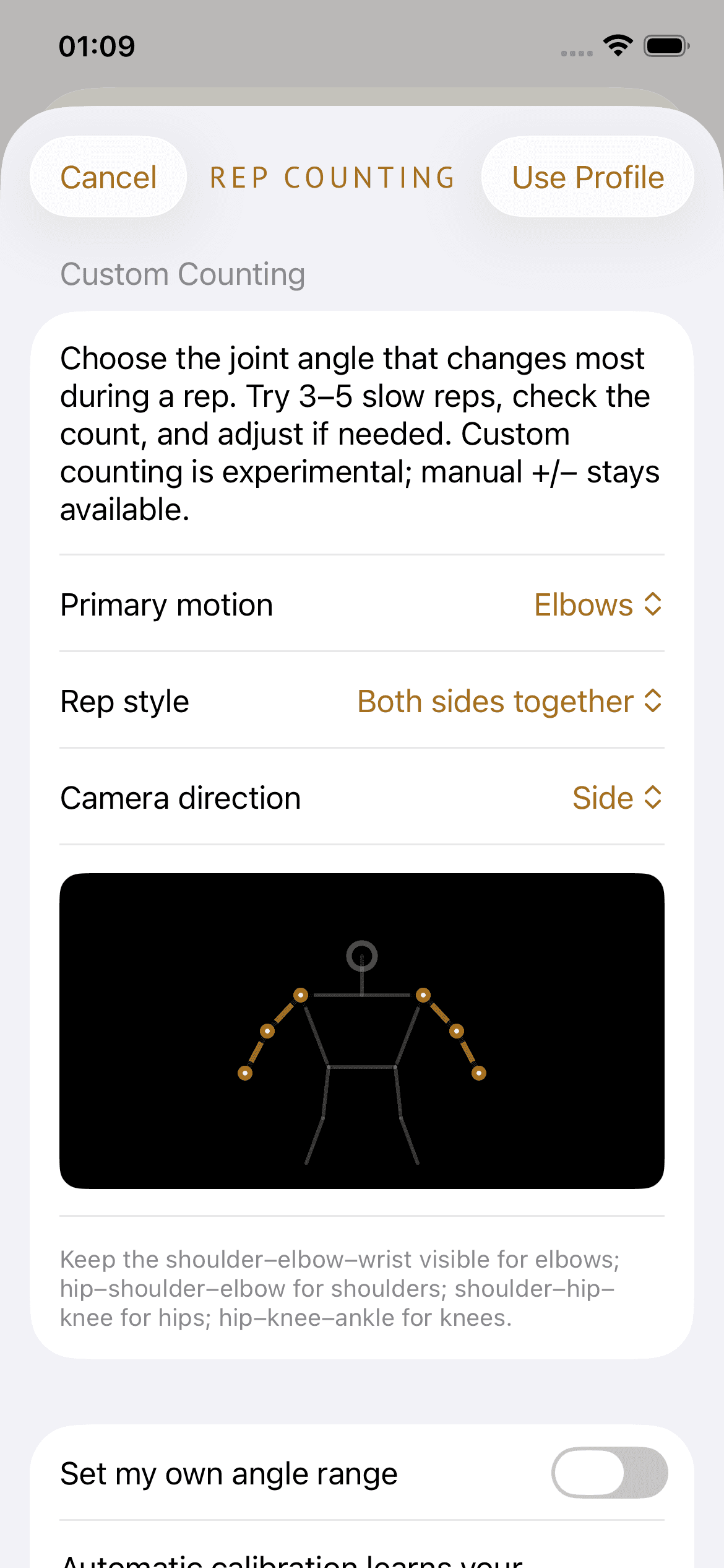 SetReplay development screenshot of experimental custom rep-counting settings