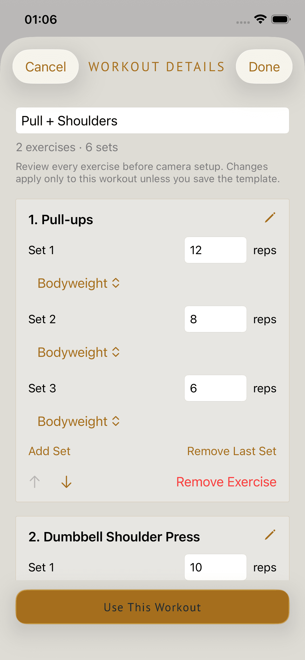SetReplay development screenshot showing editable exercises and sets in workout setup
